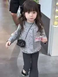 韩系童装2025秋季女童洋气碎花针织马甲花边打底衫儿童长裤两件套