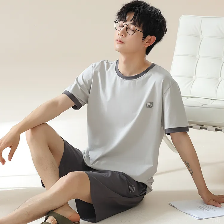 夏天莫代尔男士睡衣男款夏季凉感宽松简约薄款短袖短裤休闲套装