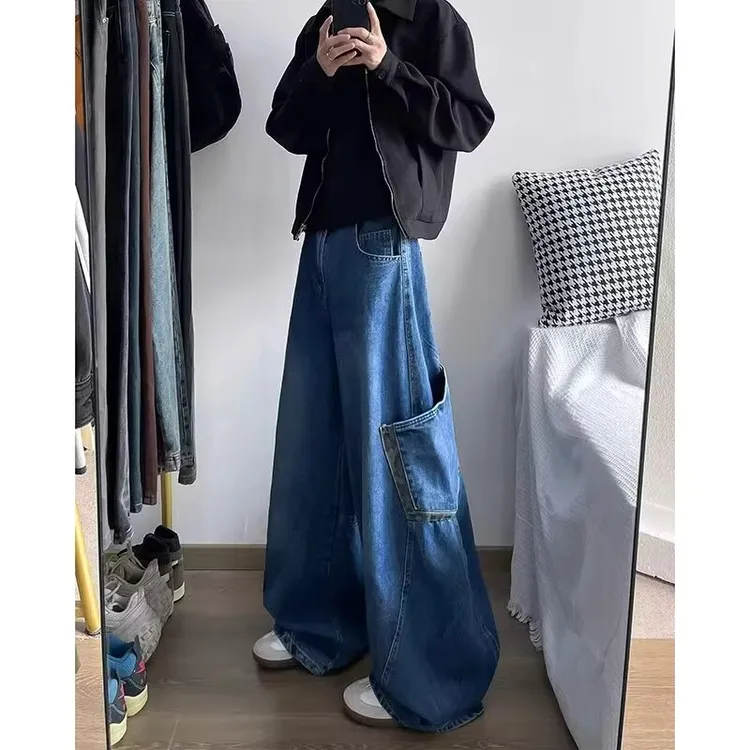 美式复古高街豹纹拼接弯刀牛仔裤女秋冬2025新款宽松直筒阔腿裤子