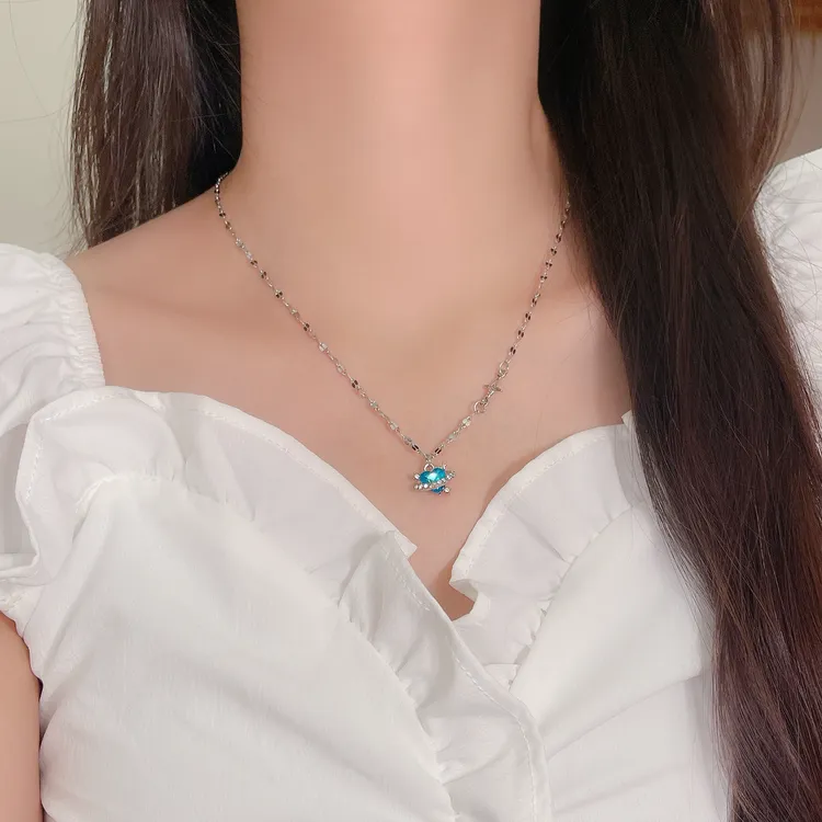 合金合成锆石项链 冰蓝之心蓝色爱心锆石项链女轻奢小众高级设计