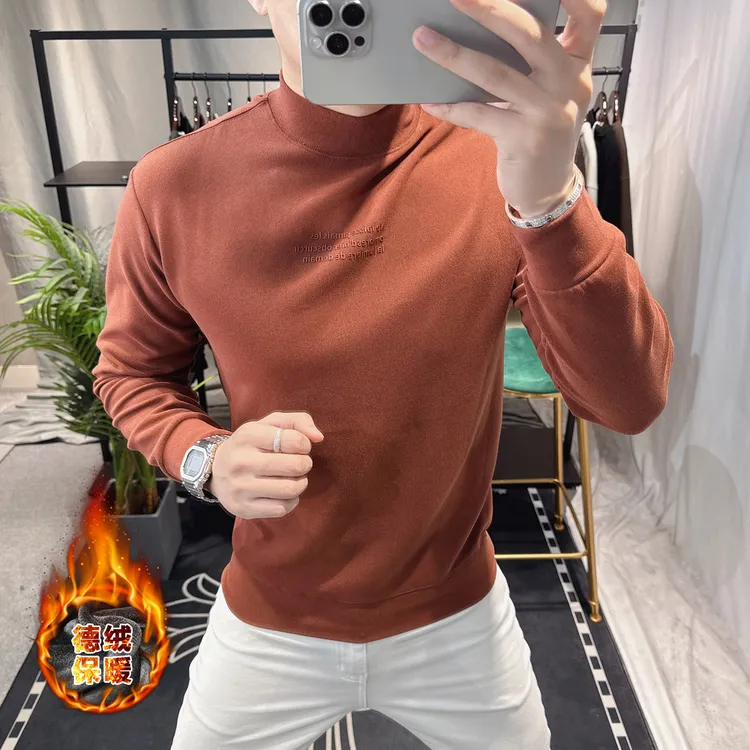 欧洲站2025冬季德绒半高领长袖t恤男加绒保暖打底衫休闲高级感潮