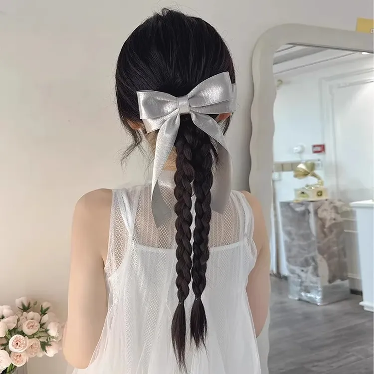 韩系芭蕾～双层飘带蝴蝶结鸭嘴夹甜美少女麻花辫假发女