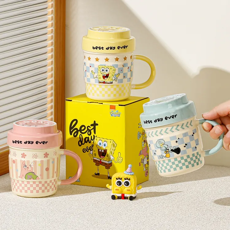 海绵宝宝正版授权卡通陶瓷杯有盖高颜值情侣马克杯节日礼品伴手礼