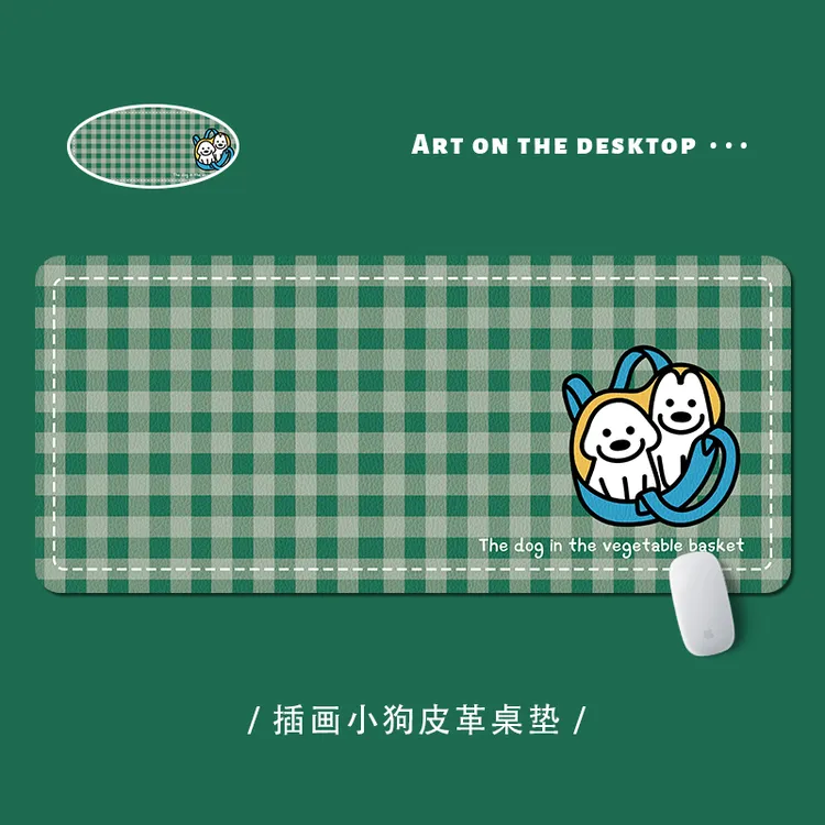 防水皮革桌面鼠标垫插画小狗笔记本电脑桌垫办公棋盘格键盘垫耐脏