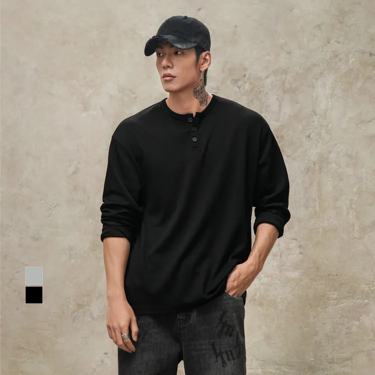 鹿家门美式重磅亨利领长袖T恤男运动健身大码弹力打底衫休闲上衣