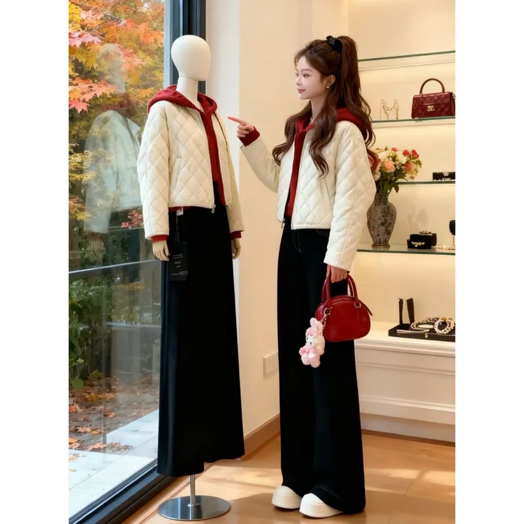 流行时尚女装2024年秋冬时髦减龄菱形格棉衣棉服外套阔腿裤三件套