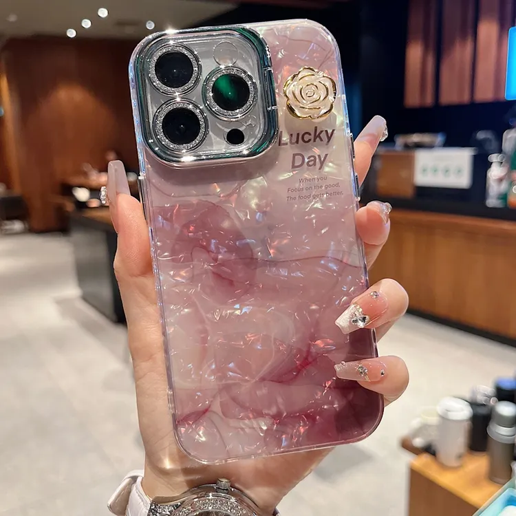 适用苹果系列iPhone 16新款手机壳晕染酒红lucky全包镜头钻框支架