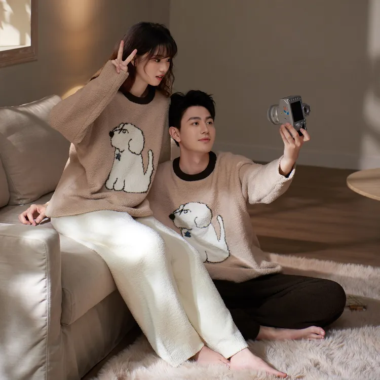 马克公主情侣睡衣女秋冬季新款半边绒加厚可爱小狗软绵绵家居服男