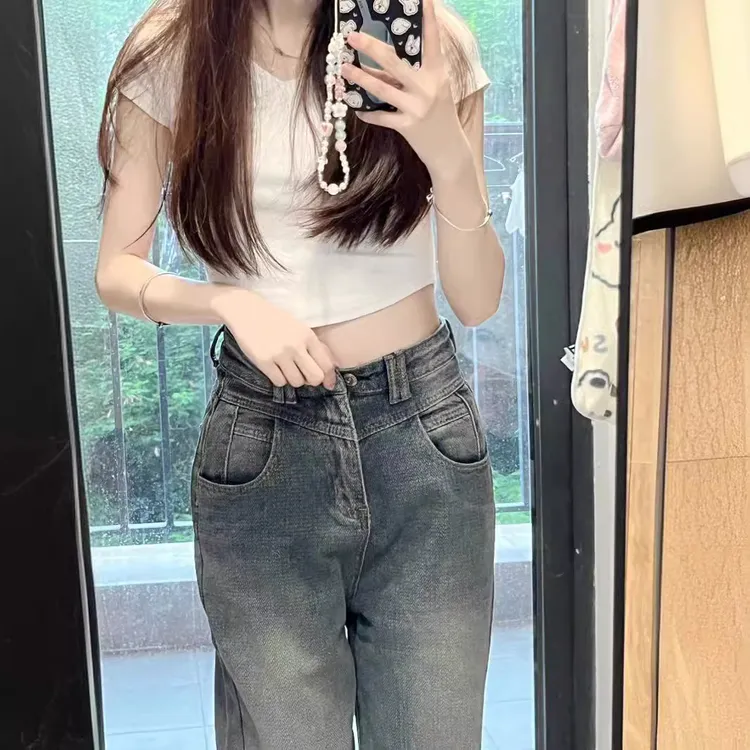 星空纹高腰阔腿牛仔裤女2025年春夏新款高腰显瘦垂感直筒拖地裤子