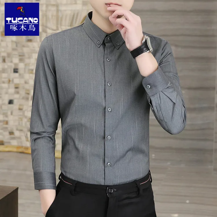 啄木鸟衬衫男款长袖灰色条纹男商务休闲男士衬衣中青年高端男装