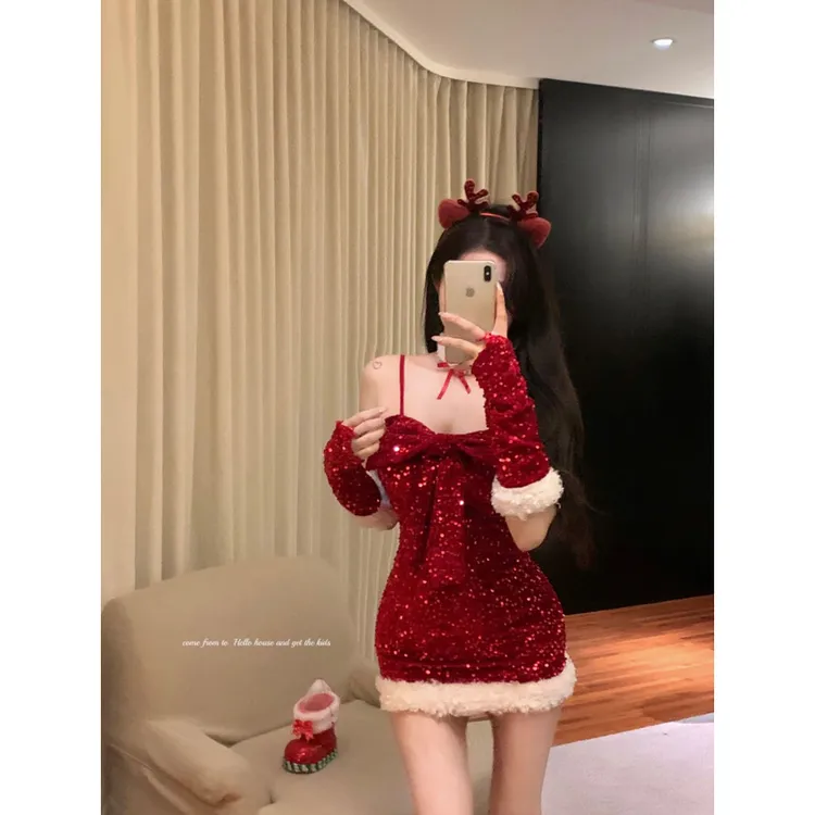 纯欲性感气质红色亮片圣诞氛围连衣裙女秋冬季收腰显瘦包臀连衣裙