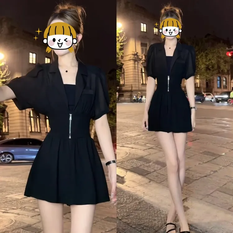 2025夏季新款时尚小个子气质收腰显瘦背心+短裤+连衣裙三件套装女