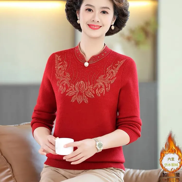 (量大咨询)国风旗袍领一体绒中老年女装加绒加厚保暖妈妈打底毛衣
