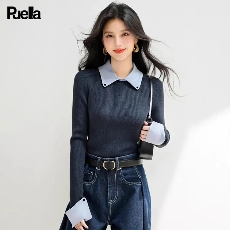 超细绵羊毛轻奢2025长袖韩系翻领高级感打底拼色针织衫女秋冬款