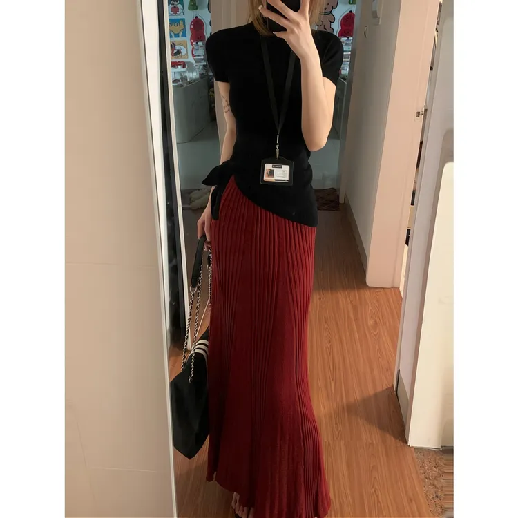 MARIE.COCO气质百搭系带针织上衣薄款红色针织半身裙高级感套装