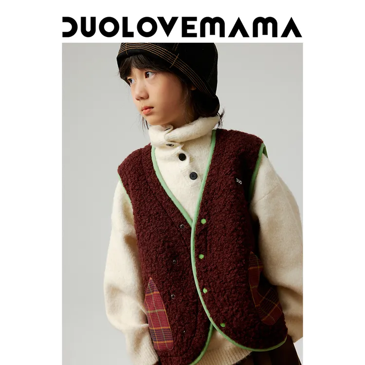 DUOLOVEMAMA 格纹拼接儿童马甲男女童北欧风时髦百搭外套