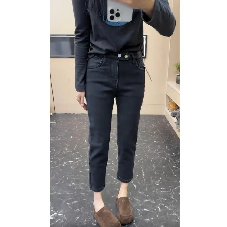 时尚高腰修身显瘦黑色烟管牛仔裤秋冬新款加绒加厚九分弹力直筒裤