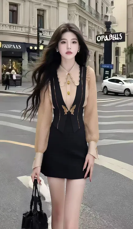 休闲风翻领单排扣长袖设计感上衣+黑色修身百搭背带半身裙两件套