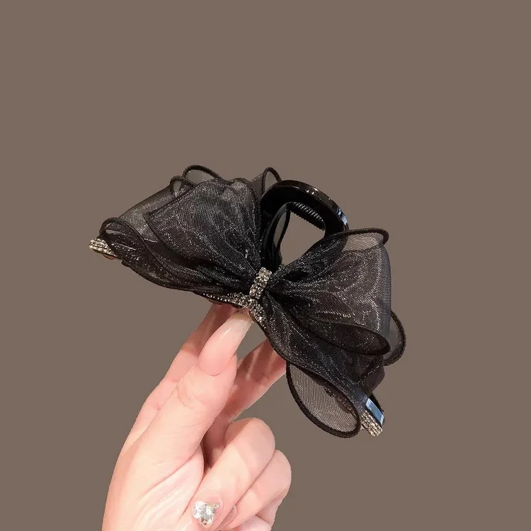 超仙网纱蝴蝶结发夹高级感黑色精致水钻抓夹2024年新款鲨鱼夹发卡