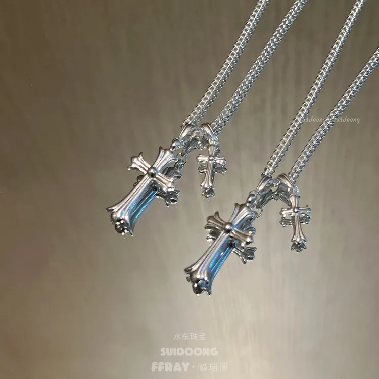 坠链均足银 纯银双十字架项链ins风辣妹甜酷小众锁骨链朋克情侣