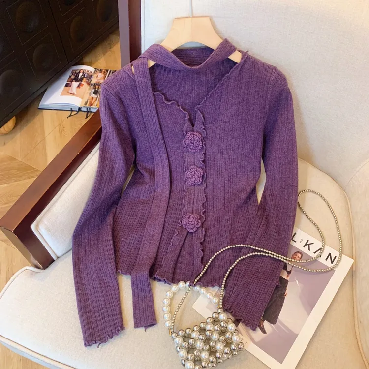 杭州四季青高端女装欧货紫色V领飘带立体花朵针织毛衣内搭打底衫