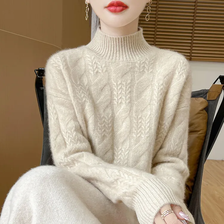 商场同款正品纯羊绒衫女秋冬新款半高领百搭绞花加厚宽松纯色毛衣