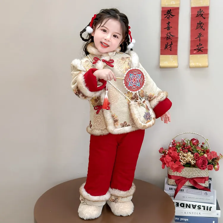女童国风拜年服两件套2025年冬季花开富贵新年保暖年服套装童装潮
