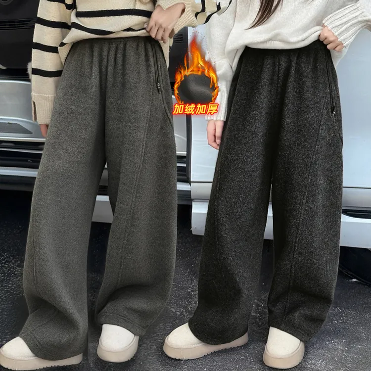 女童毛呢弯刀裤加绒显瘦2025新款中大儿童时髦洋气裤子垂感阔腿裤