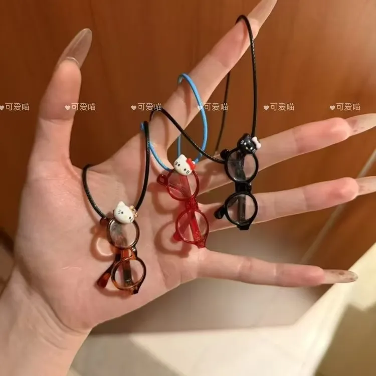 非金属皮质吊坠 kitty小眼镜吊坠天蓝色绳子项链拍照潮流情侣礼物