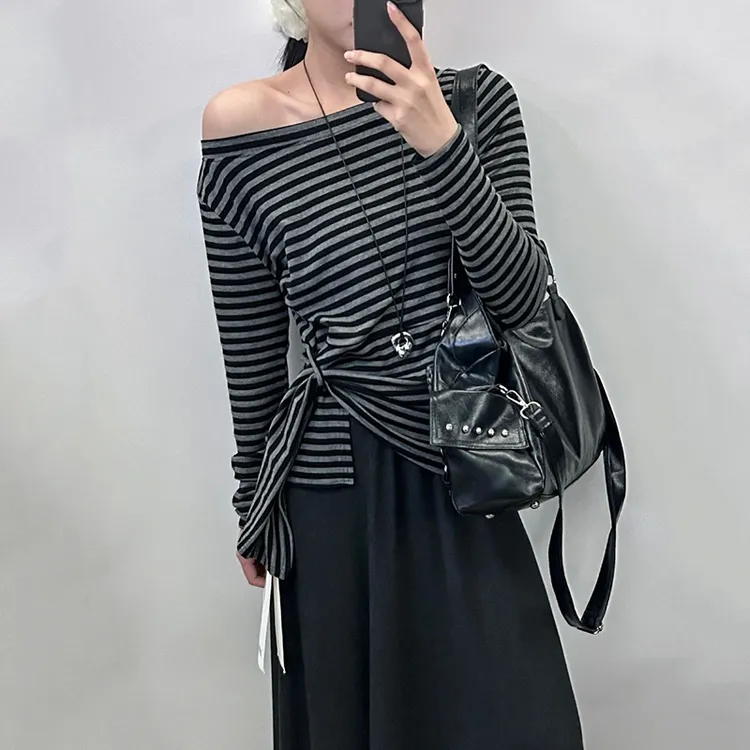 大码胖mm条纹露肩不规则绑带长袖T恤女秋季2025新款显瘦遮肉上衣