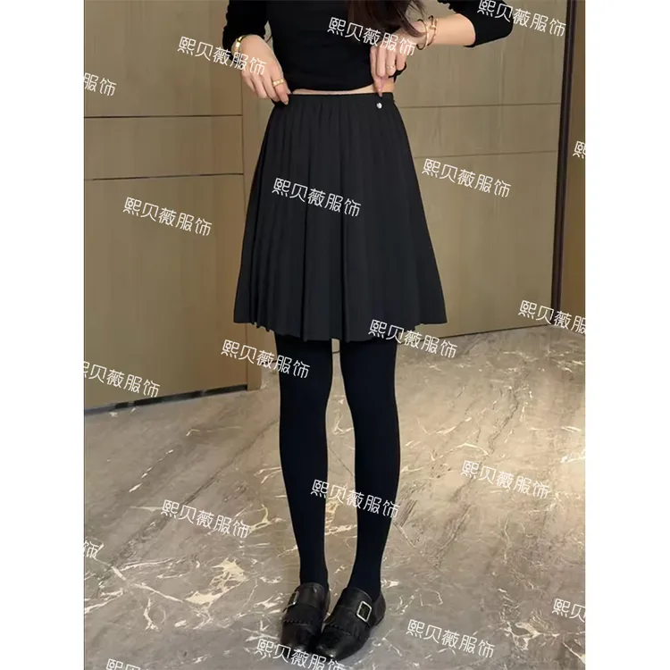 熙贝薇5 欧货百褶松紧腰小标设计感学院风显瘦A字半身裙 G5120