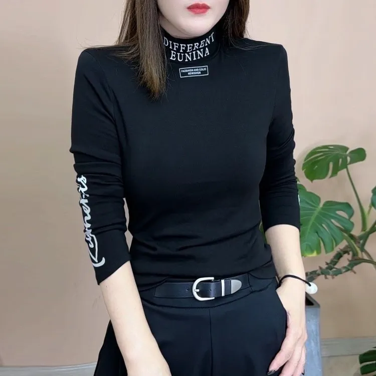 德绒大码加绒保暖半高领打底衫女秋冬季2025新款宽松显瘦长袖上衣