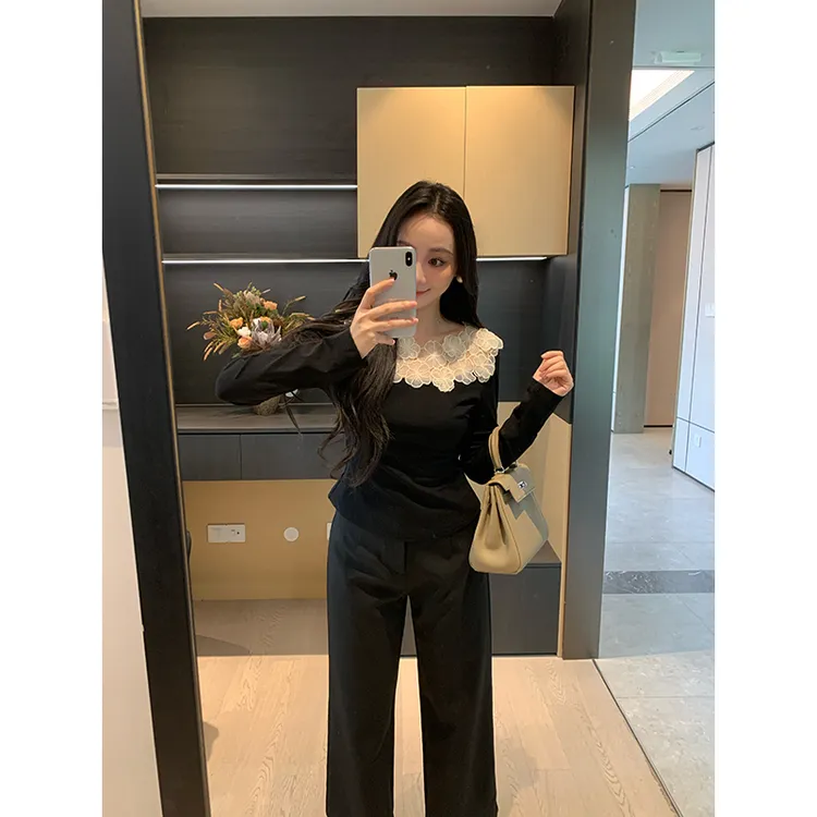 XINYI【花语】秋季网纱拼接针织长袖T恤女显瘦百搭上衣X625Y14342