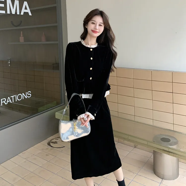 法式复古黑色丝绒裙套装女2025春季新款高级感上衣半身裙两件套装