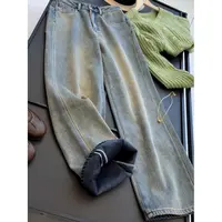87.1%棉 复古做旧加绒牛仔裤女冬直筒高腰宽松窄版阔腿长裤