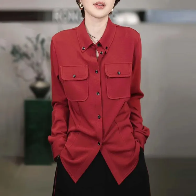 韩系减龄百搭长袖翻领衬衫2025秋冬新款气质高级感显瘦单排扣上衣