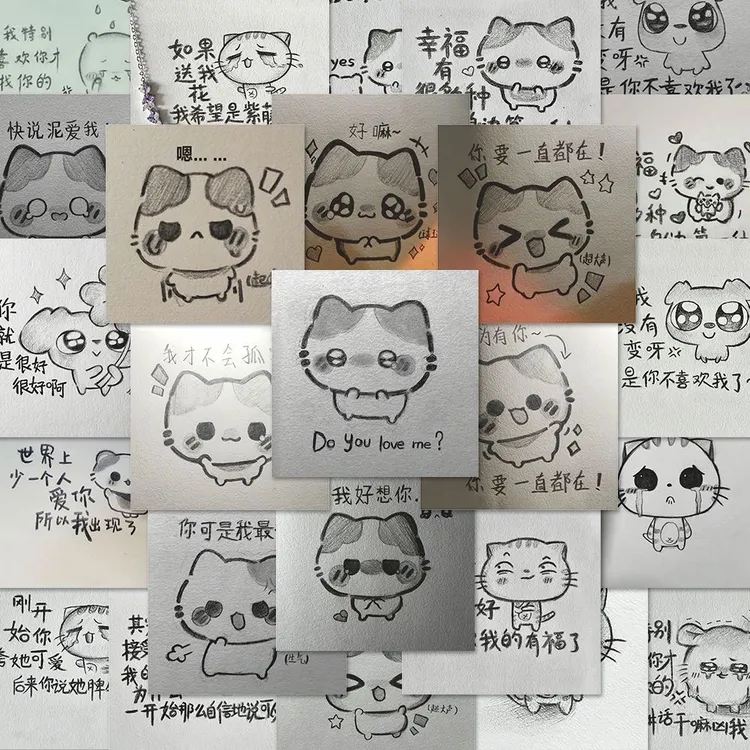 可爱治愈猫猫简笔画贴纸卡通趣味表情包装饰手账贴画