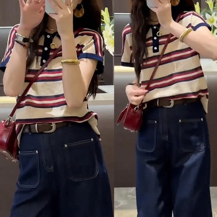 休闲时尚套装女2025年夏季新款显瘦条纹短袖上衣休闲裤别致两件套