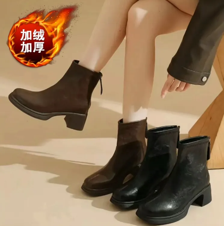 【品牌力荐】英伦方头短靴秋季冬季后拉链高跟防滑粗跟黑色皮靴-888