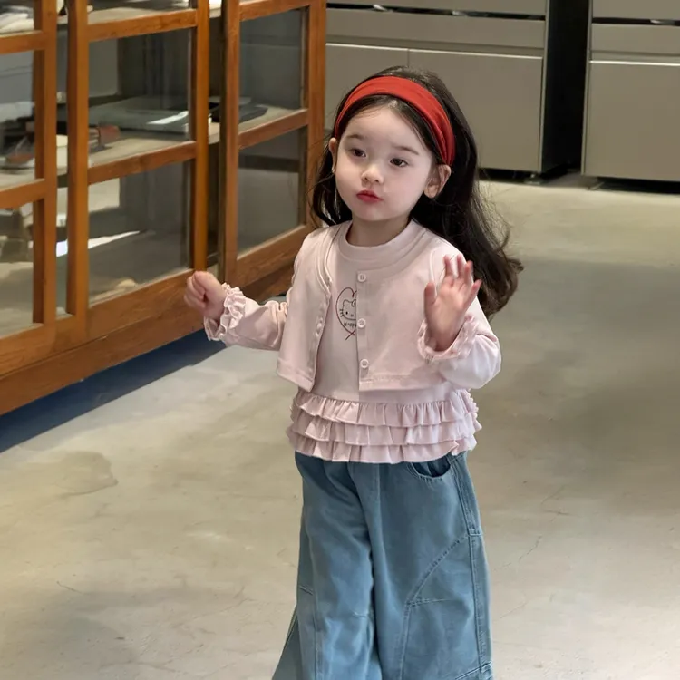 2025女童秋季新款洋气休闲假两件长袖上衣百搭阔腿牛仔裤韩版套装