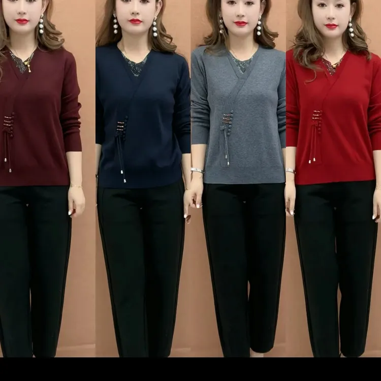 钻v领针织衫时尚洋气减龄显瘦宽松时尚妈妈装