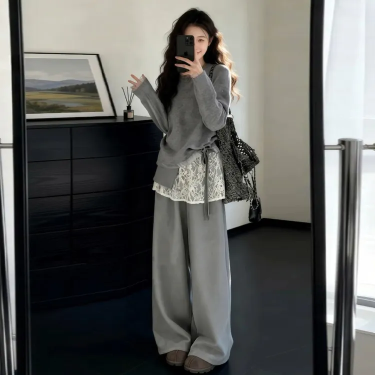 韩系灰色毛衣裤子两件套装女秋冬季2026新款巨好看超火冬装一整套