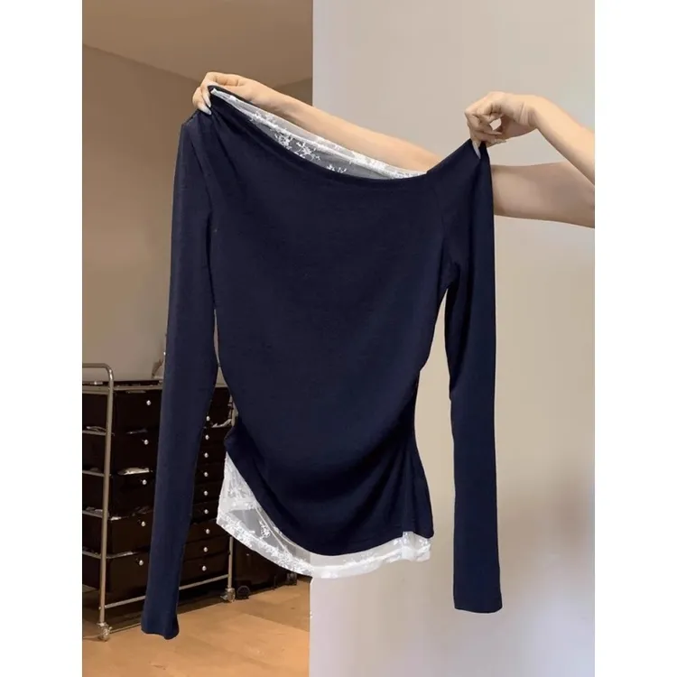 一字领蕾丝露肩长袖T恤女早秋女装2025新款纯欲修身短款斜肩上衣