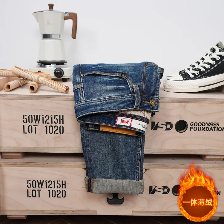 秋冬男士抓绒牛仔裤经典刺绣水洗蓝色中腰修身小直筒百搭加绒男裤