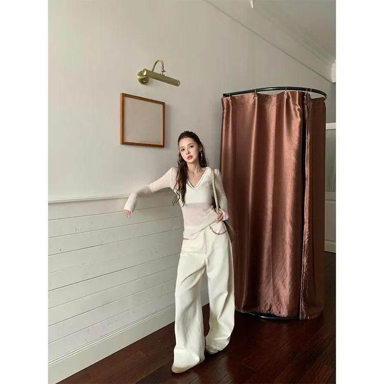 早秋季新款修身显瘦针织V领薄款长袖上衣休闲简约直筒长裤套装女