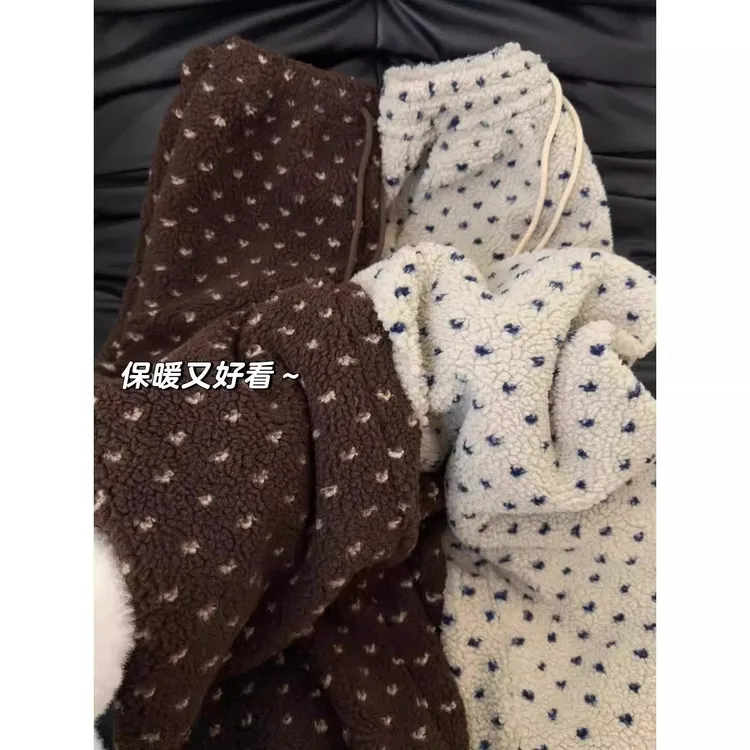 慵懒风提花波点羊羔绒阔腿裤女秋冬加绒加厚保暖棉裤休闲运动卫裤