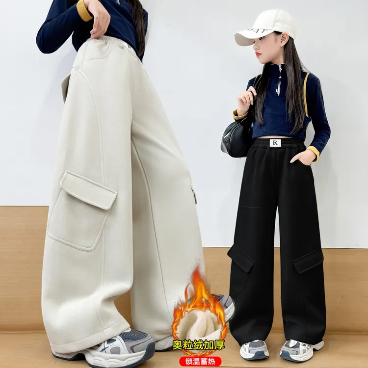 女童工装裤子秋冬2025新款女孩大童冬装加厚一体绒运动加绒卫裤潮