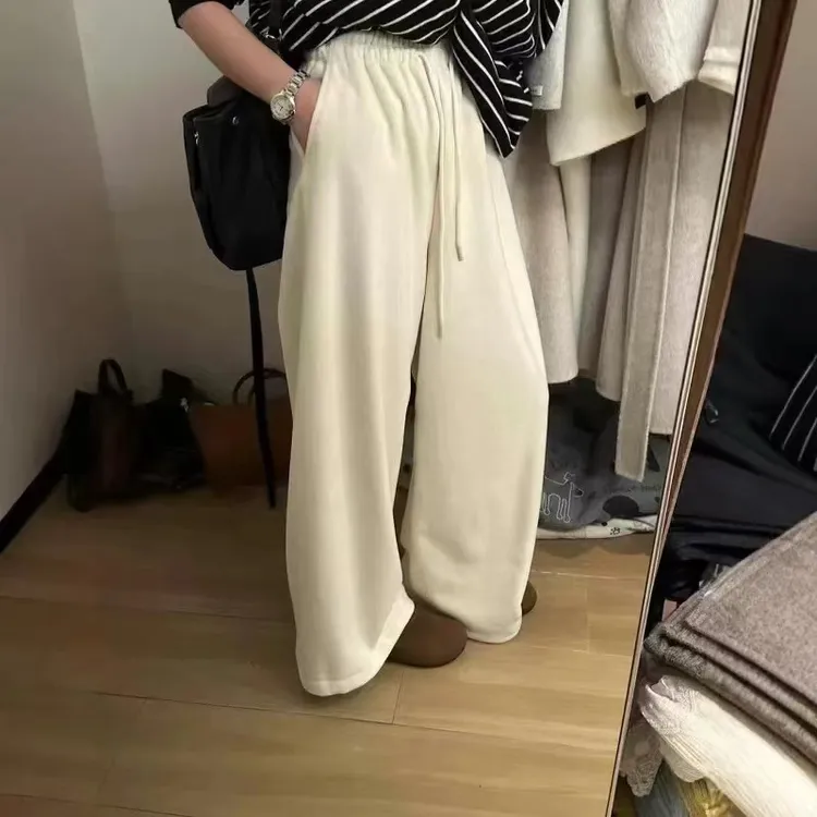 可两穿 韩版裤脚抽绳加绒女冬季宽松显瘦直筒阔腿休闲长裤
