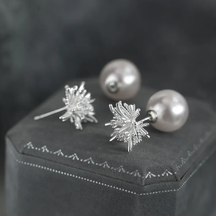 足银仿珍珠耳饰 999银针烟花珍珠耳钉女小众气质轻奢精致两戴耳环