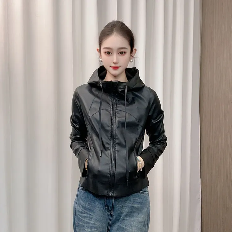 真皮弹力皮洋气连帽修身外套女